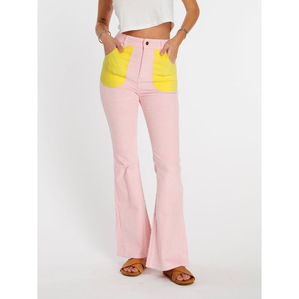 Hammies Powder Pink/ Yellow Colorblock Corduroy Bell Bottom Pants Size 32